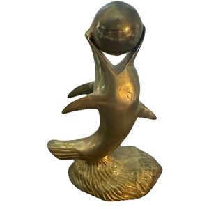 Vintage Brass Dolphin Balancing Ball 7 3/4" Made In India Coastal Ocean